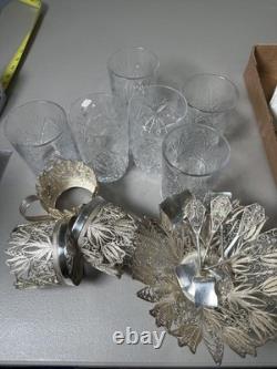Silver Filigree Tea Glass Holders 6 with Cut Crystal Glasses and Spoons Silver Filigree Tea Glass Holders 6 with Cut Crystal Glasses and Spoons