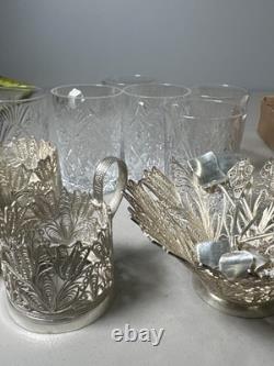 Silver Filigree Tea Glass Holders 6 with Cut Crystal Glasses and Spoons Silver Filigree Tea Glass Holders 6 with Cut Crystal Glasses and Spoons