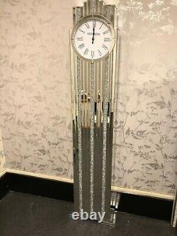 Silver Mirror New York Grandfather Clock Inlaid Sparkling Diamond Cut Crystals