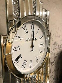 Silver Mirror New York Grandfather Clock Inlaid Sparkling Diamond Cut Crystals