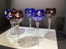 Six (3 Blue And 3 Ruby) Cut To Clear Hock Wine Glasses 8 3/8 Lead Crystal