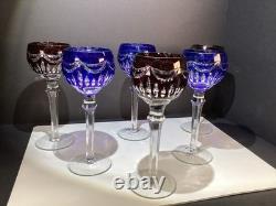 Six (3 Blue And 3 Ruby) Cut To Clear Hock Wine Glasses 8 3/8 Lead Crystal