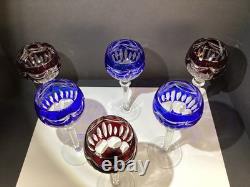 Six (3 Blue And 3 Ruby) Cut To Clear Hock Wine Glasses 8 3/8 Lead Crystal