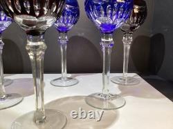 Six (3 Blue And 3 Ruby) Cut To Clear Hock Wine Glasses 8 3/8 Lead Crystal