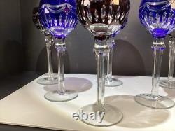Six (3 Blue And 3 Ruby) Cut To Clear Hock Wine Glasses 8 3/8 Lead Crystal