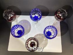 Six (3 Blue And 3 Ruby) Cut To Clear Hock Wine Glasses 8 3/8 Lead Crystal