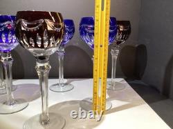 Six (3 Blue And 3 Ruby) Cut To Clear Hock Wine Glasses 8 3/8 Lead Crystal
