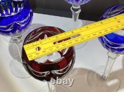 Six (3 Blue And 3 Ruby) Cut To Clear Hock Wine Glasses 8 3/8 Lead Crystal
