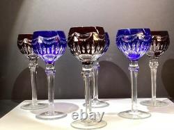 Six (3 Blue And 3 Ruby) Cut To Clear Hock Wine Glasses 8 3/8 Lead Crystal
