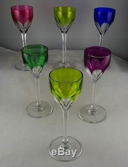 Six Lovely Baccarat Genova Cordial Glasses Various Colors Cut French Crystal