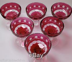 Six Val St. Lambert Cranberry Cut to Clear Crystal Wine Sherbet Glass Glasses