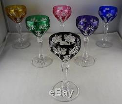 Six Various Cut to Clear Bohemian Czech Crystal Cordial Glasses Various Colors