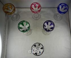 Six Various Cut to Clear Bohemian Czech Crystal Cordial Glasses Various Colors