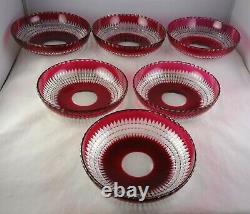 Six Vintage Crystal Red Cut to Clear Glass Low Bowls Scalloped Edge