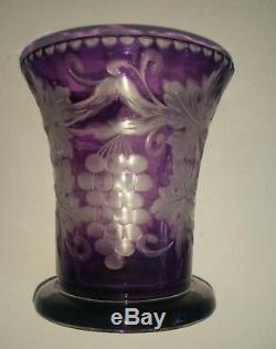 Stevens and Williams Hand Blown Amethyst Crystal Vase Cut to Clear With Grapes