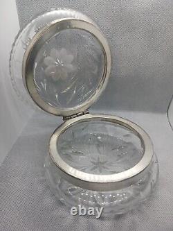 Stunning Antique 5 Powder Jar Floral Cut Crystal/ Glass Silver Hinge Edwardian
