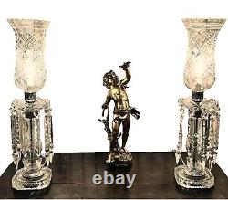 Stunning Pair Antique Cut Crystal Glass Luster Lamps Prisms Etched Hurricane