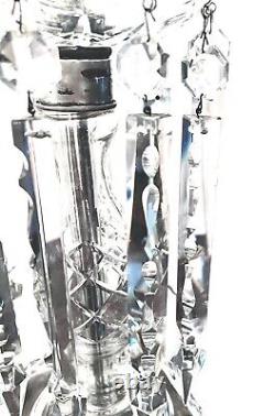 Stunning Pair Antique Cut Crystal Glass Luster Lamps Prisms Etched Hurricane