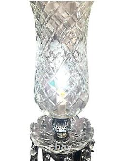 Stunning Pair Antique Cut Crystal Glass Luster Lamps Prisms Etched Hurricane