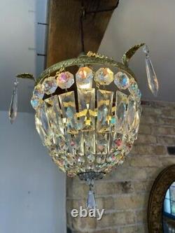 Stunning Vintage Aurora Borealis Cut Crystal Glass Bag Chandelier c 1940's