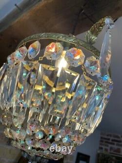 Stunning Vintage Aurora Borealis Cut Crystal Glass Bag Chandelier c 1940's