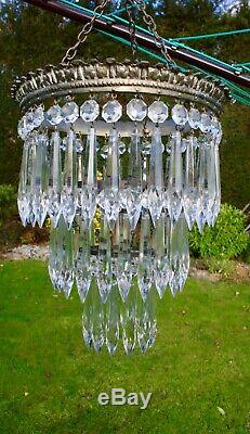 Stunning Vintage Cut Glass Crystal Ceiling Light Chandelier 3 Tiers Icicles +