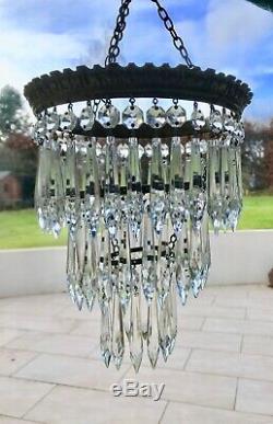 Stunning Vintage Cut Glass Crystal Ceiling Light Chandelier 3 Tiers Icicles +