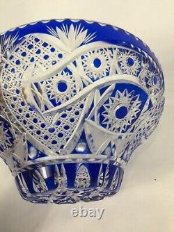 Stunning Vtg Blue Cut To Clear Crystal Bowl