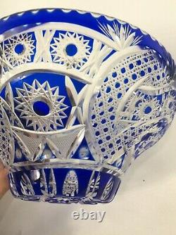 Stunning Vtg Blue Cut To Clear Crystal Bowl