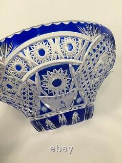 Stunning Vtg Blue Cut To Clear Crystal Bowl