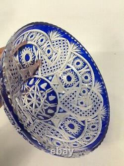 Stunning Vtg Blue Cut To Clear Crystal Bowl