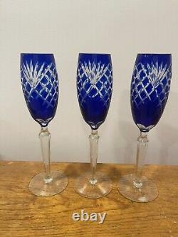 Three Champagne Flutes Cobalt Blue Cut To Clear Crystal Bohemian