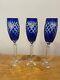 Three Champagne Flutes Cobalt Blue Cut To Clear Crystal Bohemian