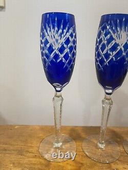 Three Champagne Flutes Cobalt Blue Cut To Clear Crystal Bohemian