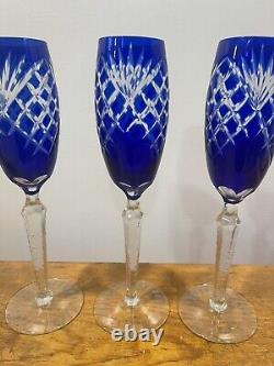 Three Champagne Flutes Cobalt Blue Cut To Clear Crystal Bohemian