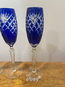 Three Champagne Flutes Cobalt Blue Cut To Clear Crystal Bohemian