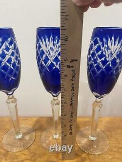 Three Champagne Flutes Cobalt Blue Cut To Clear Crystal Bohemian