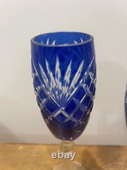 Three Champagne Flutes Cobalt Blue Cut To Clear Crystal Bohemian