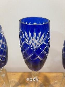 Three Champagne Flutes Cobalt Blue Cut To Clear Crystal Bohemian