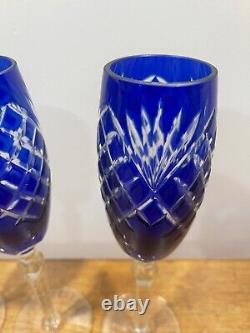 Three Champagne Flutes Cobalt Blue Cut To Clear Crystal Bohemian