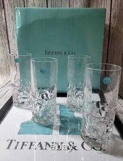 Tiffany Co Crystal Rock Cut Tall Glasses Heavy Thick Stamped Set of 4 Vtg withbox