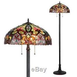 Tiffany Style Lamp / Floor Lamp Antique Bronze Finish Cut Stained Glass-FREE Shp