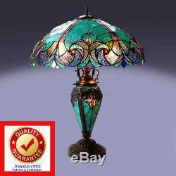 Tiffany Style Table Lamp with Vibrant Blue Green Handcrafted Cut Glass Victorian