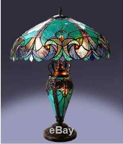 Tiffany Style Table Lamp with Vibrant Blue Green Handcrafted Cut Glass Victorian