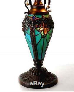 Tiffany Style Table Lamp with Vibrant Blue Green Handcrafted Cut Glass Victorian