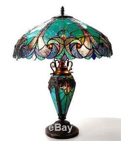 Tiffany Style Table Lamp with Vibrant Blue Green Handcrafted Cut Glass Victorian