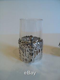 UNUSUAL PAIR STERLING SILVER SHOT GLASS HOLDERS with CUT CRYSTAL INSERTS