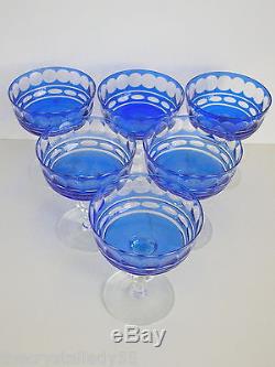VAL ST LAMBERT COBALT CASED CUT TO CLEAR CRYSTAL CHAMPAGNE SHERBERT Set of 6