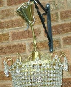 VINTAGE 1970s WATERFALL BAG CUT GLASS CRYSTAL CEILING CHANDELIER LIGHT