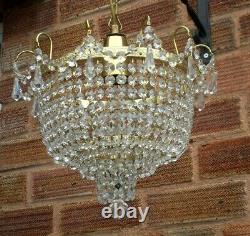 VINTAGE 1970s WATERFALL BAG CUT GLASS CRYSTAL CEILING CHANDELIER LIGHT